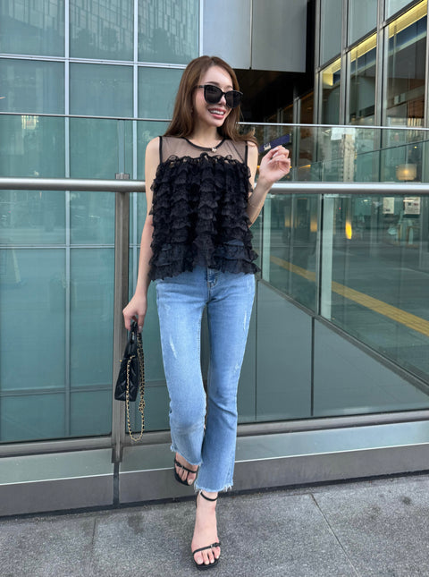 Fluffy tiered lace tops／Black(送料無料)