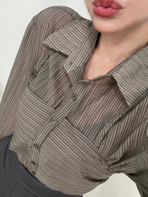 Back Ribbon Sheer Stripe Blouse/khaki