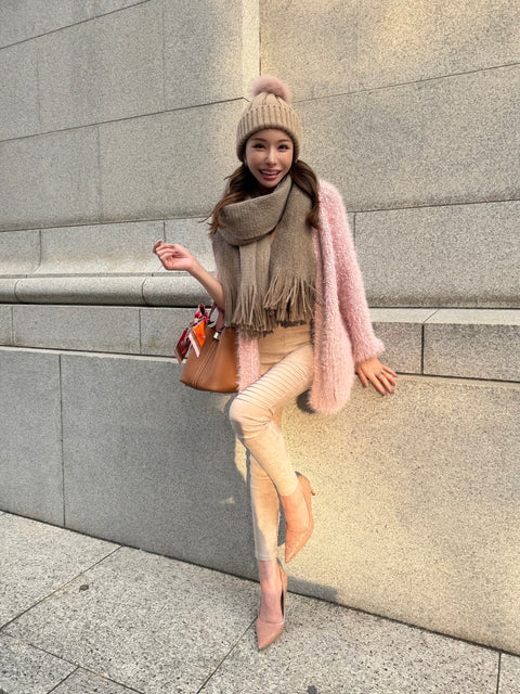 Fur Pom Knit Beanie／Brown・Off-White再入荷受付け