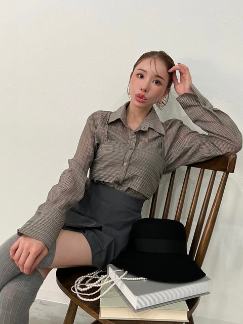 Back Ribbon Sheer Stripe Blouse/khaki