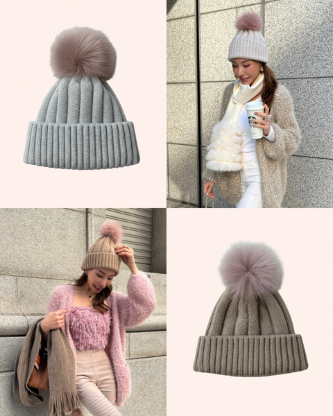 Fur Pom Knit Beanie／Brown・Off-White再入荷受付け