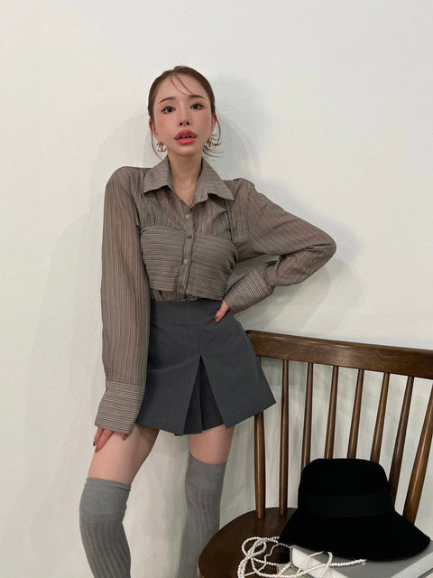 Back Ribbon Sheer Stripe Blouse/khaki