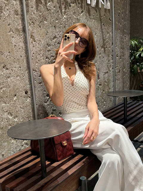 Back Ribbon Dot Halter Top