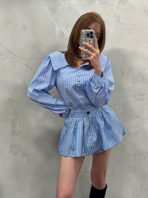 Flare Pleats Stripe Mini Skirt／(再販売ご予約受付中)