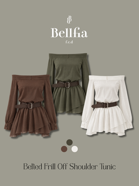 Belted Frill Off Shoulder Tunic／Brown･Whiteは9/21迄発送