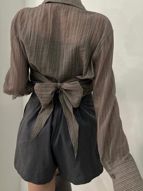 Back Ribbon Sheer Stripe Blouse/khaki