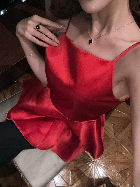 Satin flare peplum／red