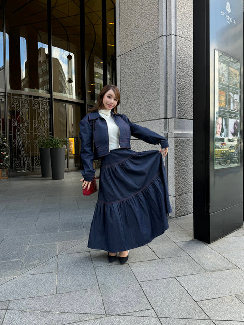 ステッチジャケット&ステッチフレアスカートSET(Navy×Rad)