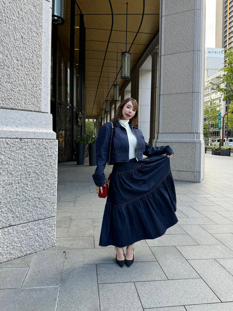 ステッチジャケット&ステッチフレアスカートSET(Navy×Rad)