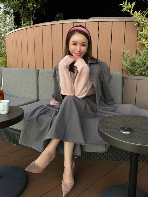 ステッチジャケット&ステッチフレアスカートSET(Gray×Pink)