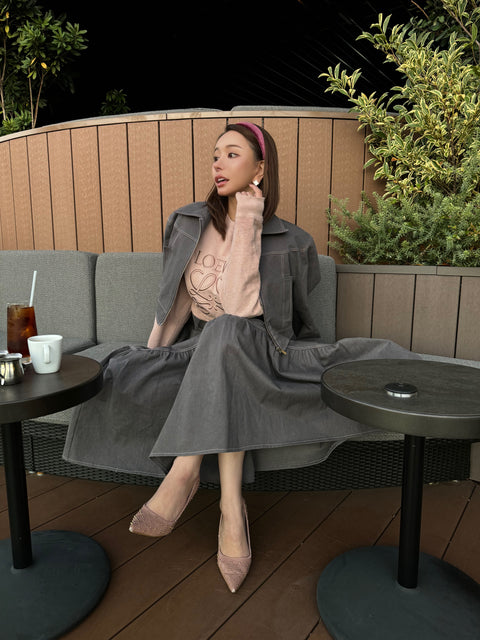 ステッチジャケット&ステッチフレアスカートSET(Gray×Pink)