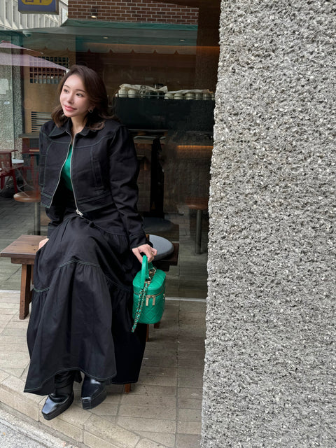 ステッチジャケット&ステッチフレアスカートSET(Black×Green)