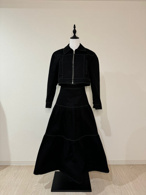 ステッチジャケット&ステッチフレアスカートSET(Black×Green)