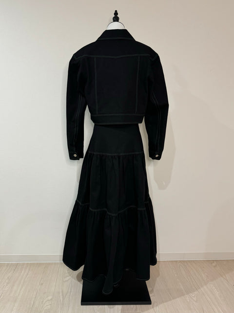 ステッチジャケット&ステッチフレアスカートSET(Black×Green)