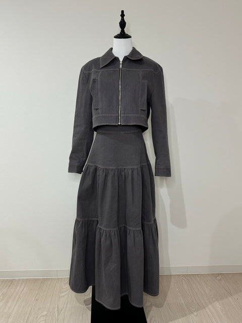 ステッチジャケット&ステッチフレアスカートSET(Gray×Pink)