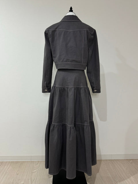 ステッチジャケット&ステッチフレアスカートSET(Gray×Pink)