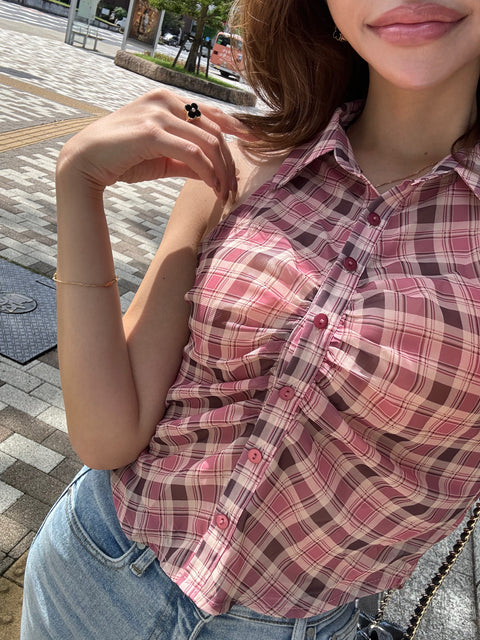 ノースリーブチェックシャツ　Pink