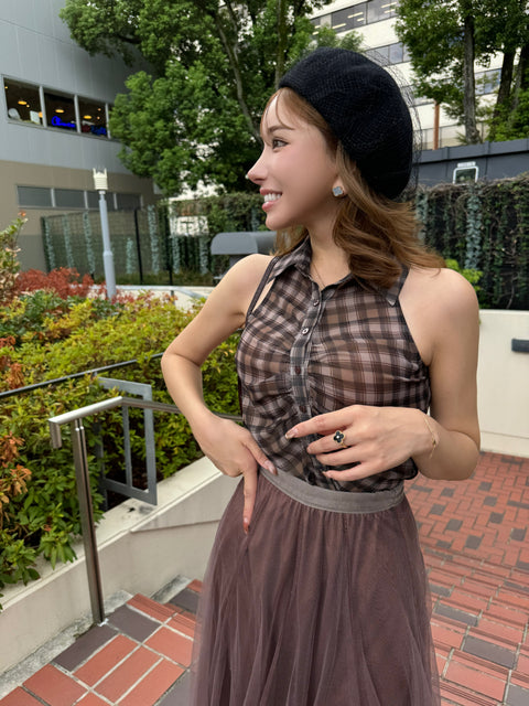 ノースリーブチェックシャツ　Brown