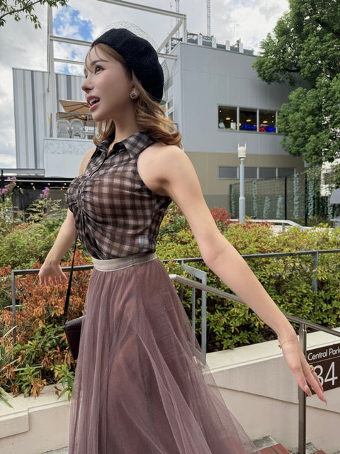 ノースリーブチェックシャツ　Brown