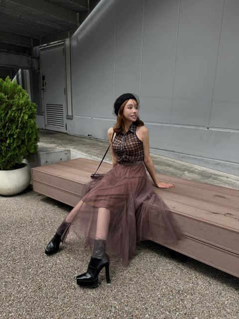 ノースリーブチェックシャツ　Brown