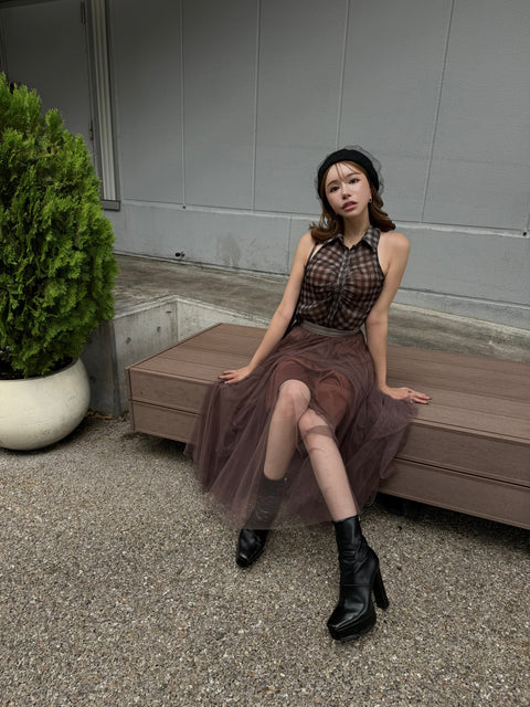 ノースリーブチェックシャツ　Brown